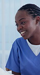 Nurse, talking and help with black woman in hospital for patient checkup, medical update and smile. Healthcare feedback, consulting and recovery ward with person in clinic for treatment and advice