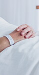 Senior, health and hands with rest in hospital bed for surgery recovery, illness or medical sedation. Pensioner, healthcare and woman in clinic for geriatric care, operation healing or rehabilitation