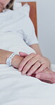 Holding hands, support and empathy with old couple in hospital for surgery recovery, love or trust. Healthcare, medical rehabilitation and bonding with senior man and woman in icu ward of clinic