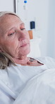 Health, old woman and thinking in hospital bed with stress, prognosis and terminal diagnosis. Medical, senior patient and worry in recovery ward for advanced disease, cognitive decline or reflection