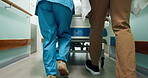 Emergency, running and doctors with gurney in hospital, health service and medical team with patient. Clinic, healthcare and people with transport for urgent care, rushing and help to save life