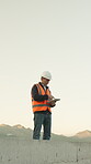 Engineer, scroll and tablet with man on rooftop for property, architect and real estate plan. Inspection, online blueprint and contractor with mature person on construction site for progress report