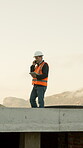 Architect, phone call and tablet with man on rooftop for property, engineer or feedback. Inspection, communication and building contractor with mature person on construction site for progress report