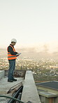 Architect, thinking and tablet with man on rooftop for property, engineer and real estate plan. City view, online blueprint and vision with mature person on construction site for report and tech