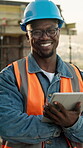 Architect, face and tablet with black man on rooftop for property, engineer and real estate plan. City view, online blueprint and smile with person on construction site for progress report and tech