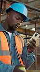 Phone, engineer and apple with black man on construction site for architect, building or feedback. Communication, eating fruit and project manager with person outdoor for urban development update