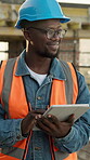 Architect, vision and tablet with black man on construction site for property, engineer and real estate plan. City view, online blueprint and thinking with person at building for report and tech