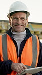Engineer, face and tablet with man at building for property, architect and real estate plan. Inspection, online blueprint or smile with mature person on construction site for progress report and tech