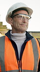 Thinking, engineer and happy with man on construction site for reflection, architect plan and vision. Property developer, perspective and remodeling idea with mature person for building inspection 
