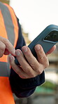 Phone, engineer and inspection with hands on construction site for architect, building or feedback. Communication, contractor and project manager with person outdoor for urban development update