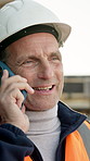 Phone call, engineer and talk with man on construction site for architect, building or feedback. Communication, contractor and project manager with mature person outdoor for urban development update