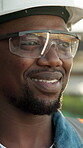Vision, engineer and smile with black man on construction site for reflection, architect plan and thinking. Property developer, perspective and remodeling idea with person for building inspection 
