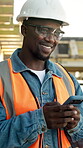 Phone, engineer and smile with black man on construction site for architect, building or feedback. Communication, contractor and project manager with person outdoor for urban development update