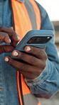 Phone, engineer and scroll with hands on construction site for architect, building or feedback. Communication, contractor and project manager with person outdoor for urban development update