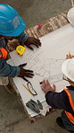 Engineering, drawing and people with blueprint on table for architecture, project and design proposal. Construction layout, building site and floor plan with men for property renovation and above