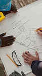 Engineering, sketch and hands with blueprint on table for architecture, project and design proposal. Construction layout, building site and floor plan with people for property renovation and tools