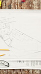 Engineering, sketch and above of blueprint on table for architecture, project and design proposal. Construction layout, building site and floor plan with documents for property renovation and tools