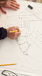 Engineering, writing and hands of man with blueprint for architecture, project and design proposal. Construction layout, building site and floor plan with person for property renovation and above