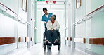 Hallway, nurse and old woman in wheelchair at hospital for appointment, checkup and medical care. Healthcare, hospital and person with patient for assistance, help and talking for consultation