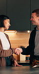 Repair, clipboard or people in home with handshake, issue review or deal on maintenance quotation. Service, client or handyman with shaking hands, inspection report or agreement on evaluation invoice