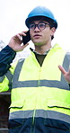 Engineer, talking and phone call at site for construction, inspection and ideas for architecture. Below, thinking or man with mobile for discussion, feedback and safety check for building development