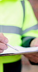 Hands, engineer and reading with clipboard for construction, survey and inspection report for architecture. Person, writing and checklist for safety protocol, compliance form and building development