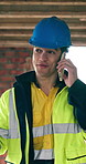 Happy, engineer and phone call at site for construction, inspection and instructions for architecture. Smile, man and walking with mobile for discussion, feedback and advice for building development