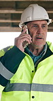 Thinking, man and engineer with phone call for construction, inspection and chat for architecture. Mature person, talking and mobile at site for safety check, feedback and advice on building progress
