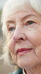 Thinking, smile and old woman outdoor with insight, daydreaming and nostalgia in calm mindset. Retirement, reflection and senior person with memory, flashback and peaceful perspective in backyard.