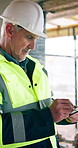 Engineer, writing and notes with clipboard for construction, survey or inspection report for architecture. Mature man, reading and checklist for safety check, compliance form and building development