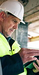 Man, tablet and scroll on construction site for inspection, task brief or safety update. Industrial, research and mature engineer with tech, progress report or project coordination for renovation
