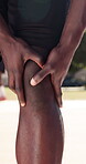 Fitness, hands or massage knee pain at park for muscle spasm, tissue overload or runner injury. Athlete, person or tendon discomfort outdoor for cardio accident, kneecap strain or patellar tendinitis