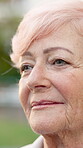 Thinking, smile and senior woman outdoor with insight, daydreaming and nostalgia in calm mindset. Retirement, reflection and elderly person with memory, flashback and peaceful perspective in backyard