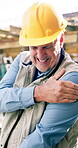Construction, shoulder pain or man with massage, labor injury or arm issue on building site. Accident, sore or mature engineer with sprain, muscle strain or arthritis in infrastructure development.
