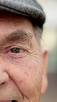 Eye, vision and old man outdoor with face, optometry and wellness with glaucoma in retirement. Male person, senior citizen and eyecare with ocular health, half or cropped portrait for eyesight