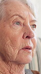 Thinking, old woman and memory in nursing home, lonely and contemplating decision on break or future. Retirement, reflection and senior person with thoughts, nostalgia and remembering past in house