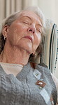 Nursing home, retirement and old woman with fatigue, sleep and peaceful nap in living room or tired. Exhausted, pensioner and senior person on break, resting and comfortable on couch in lounge