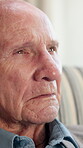 Thinking, old man and memory in nursing home, lonely and contemplating decision on break and future. Retirement, reflection and senior person with thoughts, nostalgia and remembering past in house
