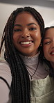 Women, friends and face in home for selfie, bonding or excited for reunion with social media post. Happy, online and people with content creation for streaming, networking or photography in apartment