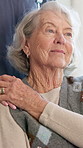 Senior, woman and thinking with nurse in retirement home for healthcare, memory or assisted living. Thoughtful, elderly or female person with smile or caregiver for past moment, dream or nostalgia