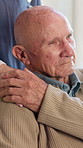 Senior, man and thinking with nurse in retirement home for healthcare, memory or assisted living. Thoughtful, elderly or male person with smile or caregiver for past moment, daydream or nostalgia