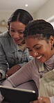 Tablet, laughing and smile with friends on sofa in home for social media update, post or connection. Online gossip, chat portal or funny with women and tech in living room in house for message forum