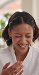 Lip, skincare and laughing with woman in home for peptide treatment, self care and spa day. Dermatology, mask cosmetics and beauty with friends in living room in apartment for cosmetology and relax
