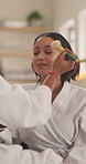 Makeup, help and smile with women on sofa in home for beauty transformation, self care and spa day. Cosmetics, blush product and brush with friends in living room in apartment for glow and bonding