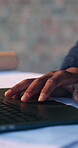 Construction site, man and hands scroll on laptop for progress report, building code and RFI email. Architecture, employee and tech review for zoning compliance, online blueprint and risk assessment