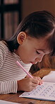 Homework, writing and math with Japanese child in home for education, knowledge and course assessment. Learning, study and notebook with kid in japan for equations, student practice and solution