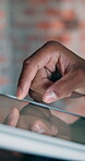 Scroll, tablet and engineer with hands on construction site for project, architect review or building. Renovation, property report and digital blueprint with person for update, inspection or planning
