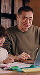 Daughter, education and video call with Asian man in home for online class or virtual school. Digital course, knowledge and laptop with father speaking to girl child in apartment for homeschooling