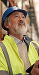 Logistics, tablet and check with asian man in warehouse for inspection checklist, cargo and freight. Supply chain inventory, distribution advisor and online report with mature employee and tech
