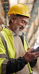 Logistics, tablet and smile with asian man in warehouse for inspection checklist, cargo and freight. Supply chain inventory, distribution advisor and online report with mature employee and tech